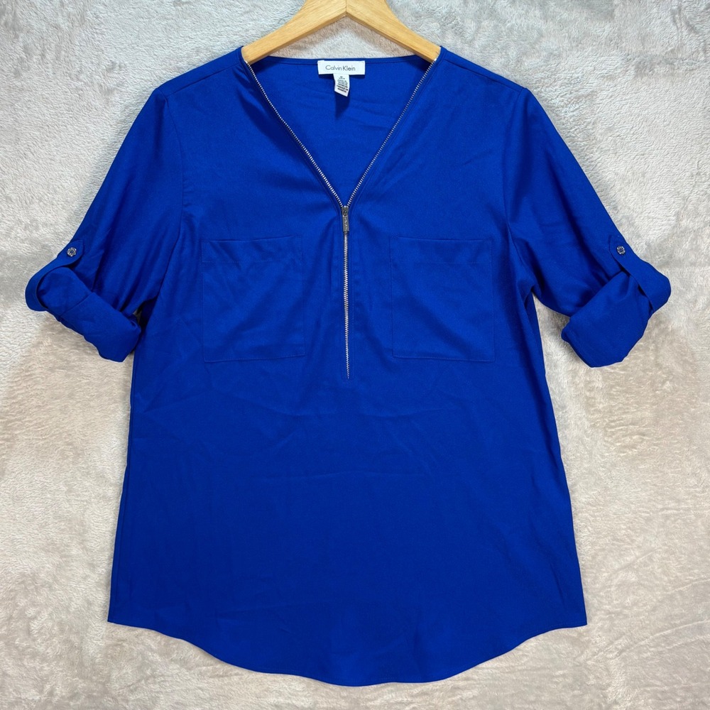 Calvin Klein Women's Zip Up Tunic Blouse Roll Tab Sleeve Royal Blue Size S - Picture 5 of 10